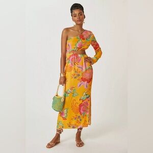 FARM Rio X Anthropologie Single-Shoulder Orange Floral Printed Maxi Dress size L